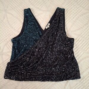 Express Edition Women XL Black Blue Sequin Wrap V-Neck Tank Top NWT